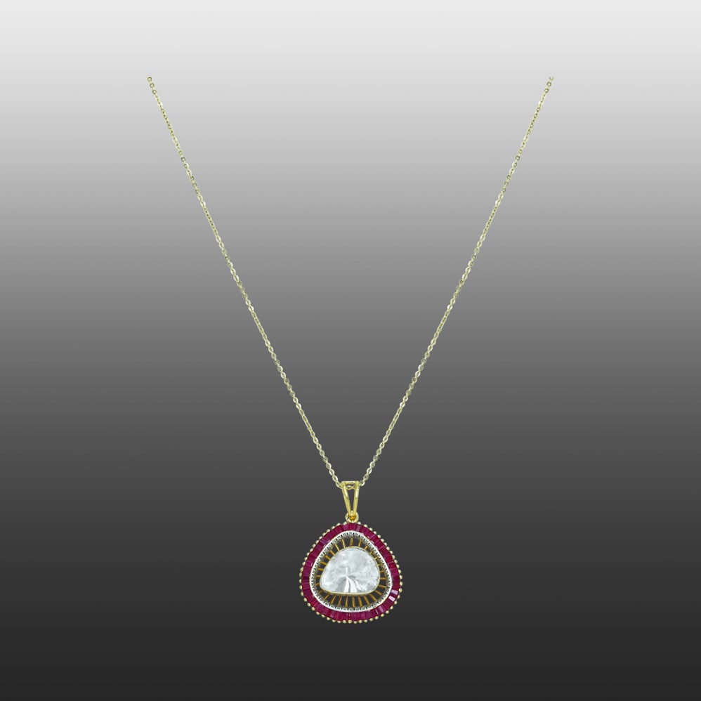 Pear-Shaped Polki Pendant with Red Ruby Baguettes